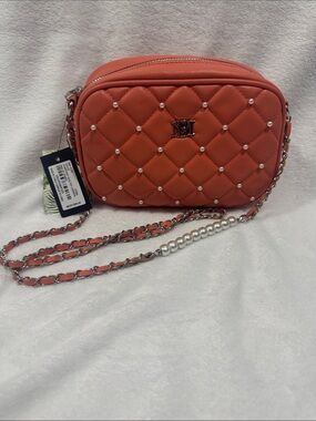 NWT!! Badgley Mischka Diamond Quilted Camera Bag With Pearls - Coral